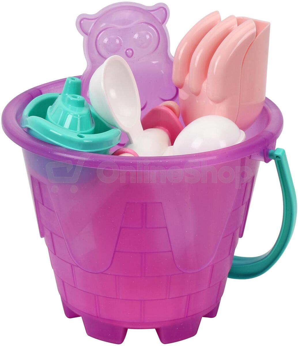 Sada na písek a k vodě Teddies plast, kbelík, mlýnek s doplňky v síťce 20x19cm