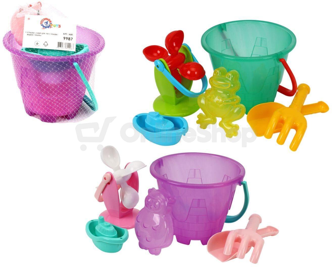 Sada na písek a k vodě Teddies plast, kbelík, mlýnek s doplňky v síťce 20x19cm