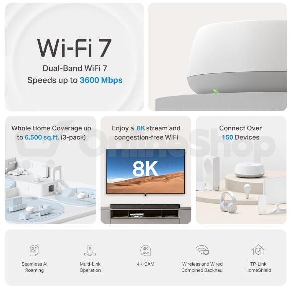 WiFi router TP-Link Deco BE22(3-pack) BE3600, WiFi 7, 2x GLAN, USB, 2,4/5GHz