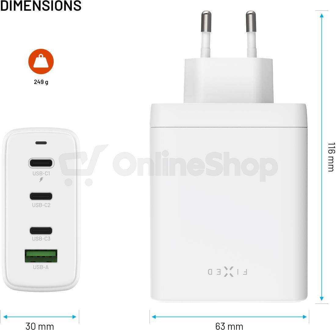 Nabíječka FIXED s 3xUSB-C a USB výstupem, 120W, bílá