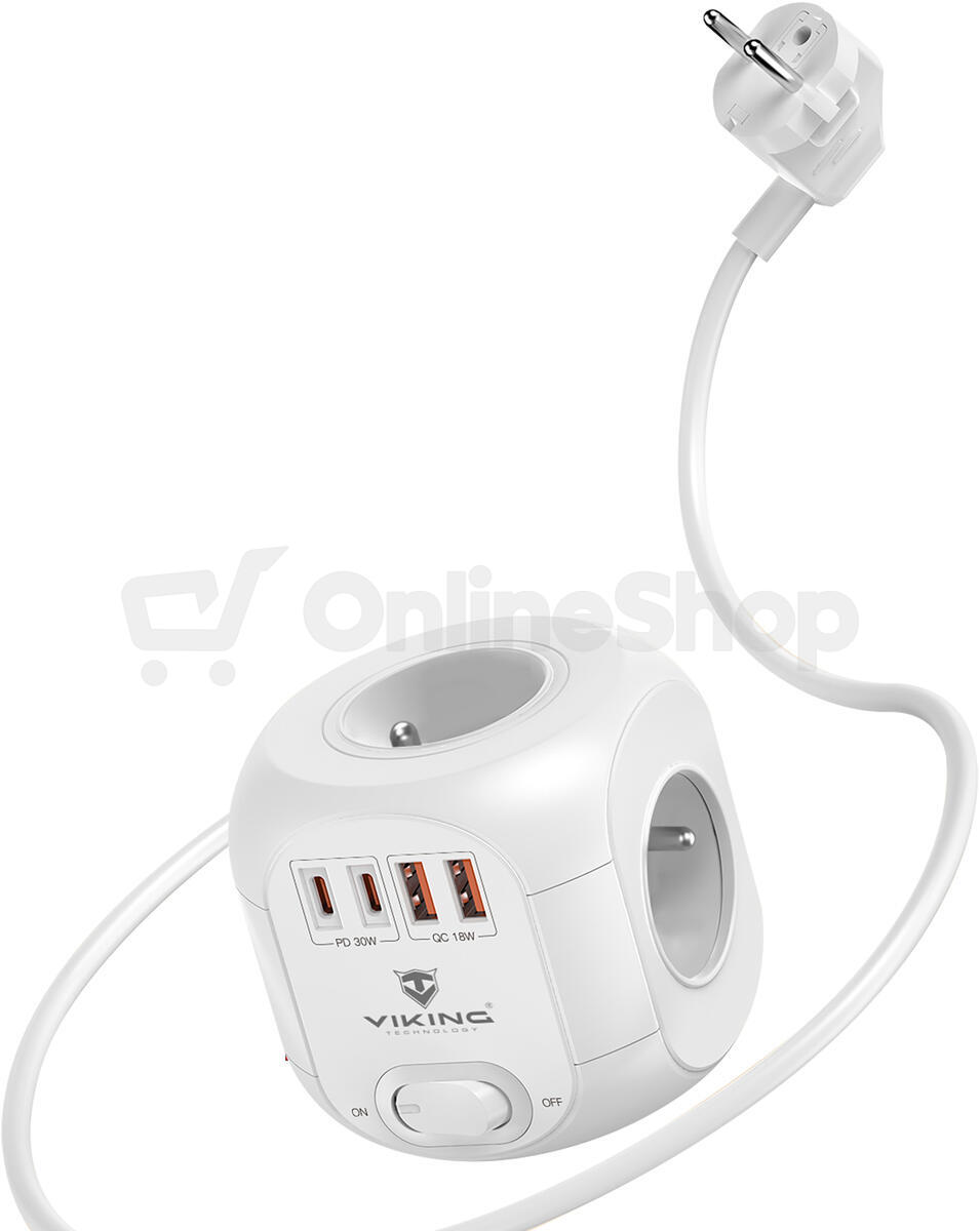 Síťový adaptér Viking AC CUBE PD30/Output: 4xAC, 2xUSB-A, 2xUSB-C/výkon až 3500W/ ON/OFF tlačítko (VACCUBEPD30)