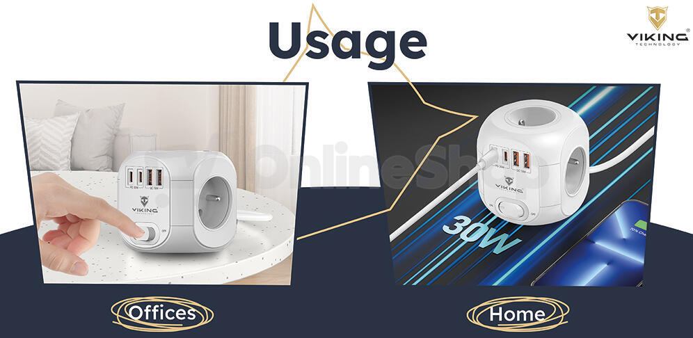 Síťový adaptér Viking AC CUBE PD30/Output: 4xAC, 2xUSB-A, 2xUSB-C/výkon až 3500W/ ON/OFF tlačítko (VACCUBEPD30)