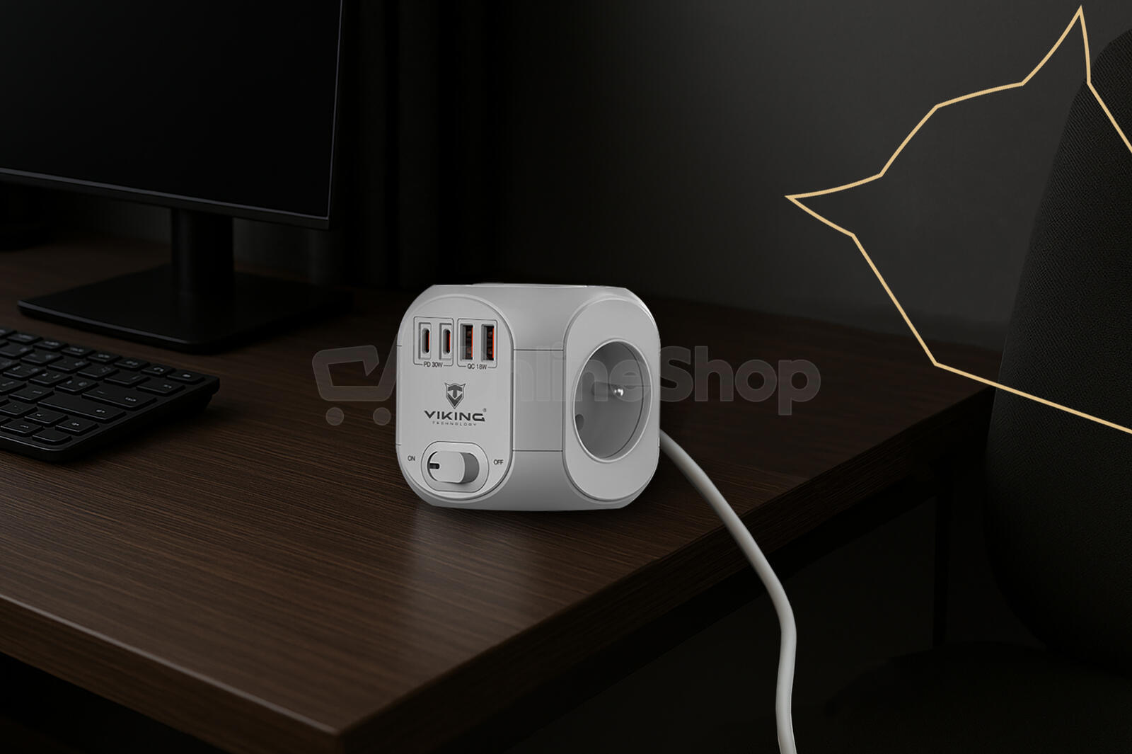 Síťový adaptér Viking AC CUBE PD30/Output: 4xAC, 2xUSB-A, 2xUSB-C/výkon až 3500W/ ON/OFF tlačítko (VACCUBEPD30)