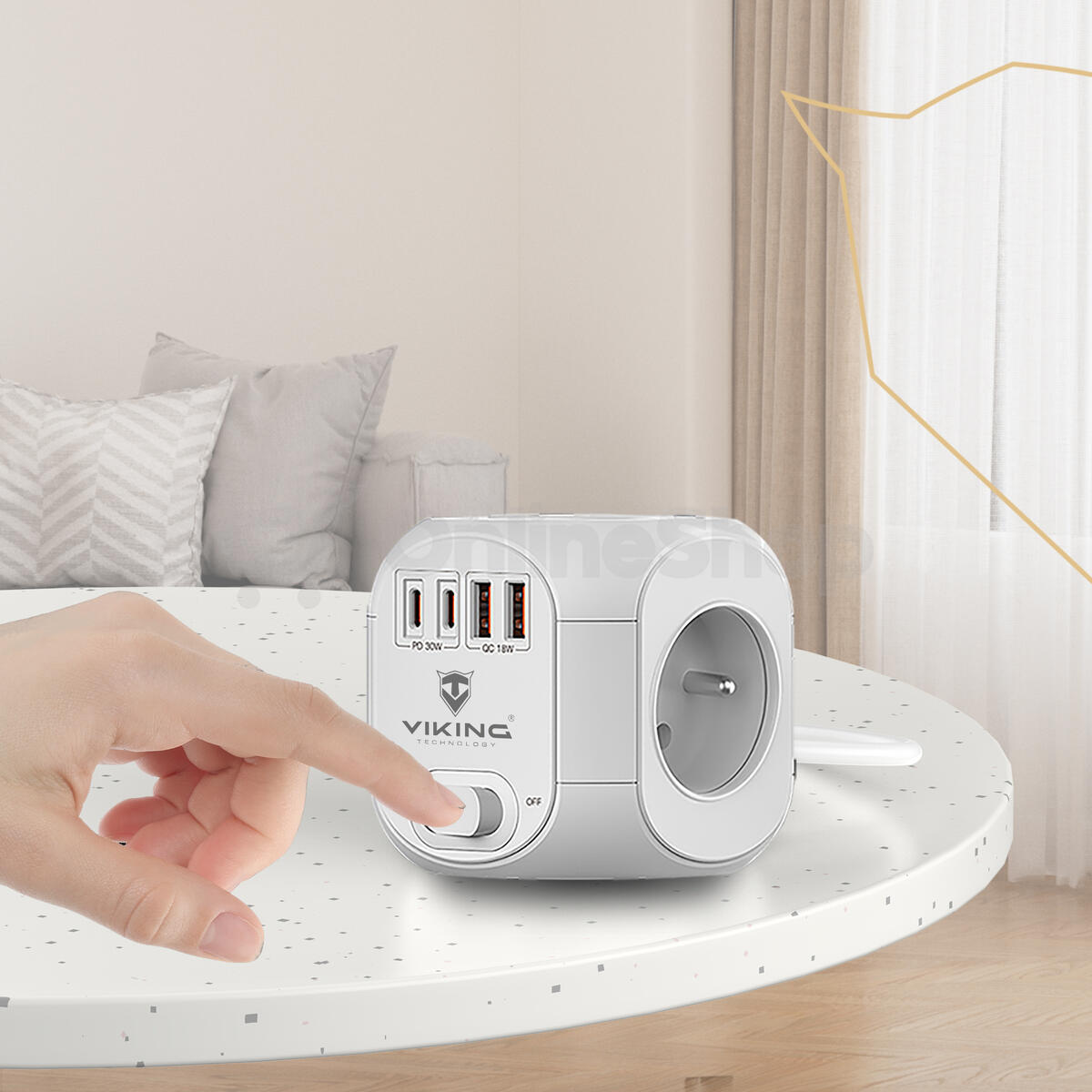 Síťový adaptér Viking AC CUBE PD30/Output: 4xAC, 2xUSB-A, 2xUSB-C/výkon až 3500W/ ON/OFF tlačítko (VACCUBEPD30)