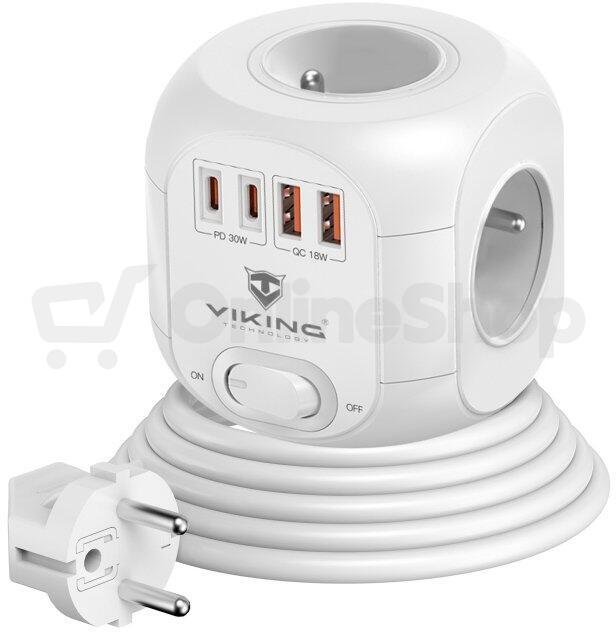 Síťový adaptér Viking AC CUBE PD30/Output: 4xAC, 2xUSB-A, 2xUSB-C/výkon až 3500W/ ON/OFF tlačítko (VACCUBEPD30)