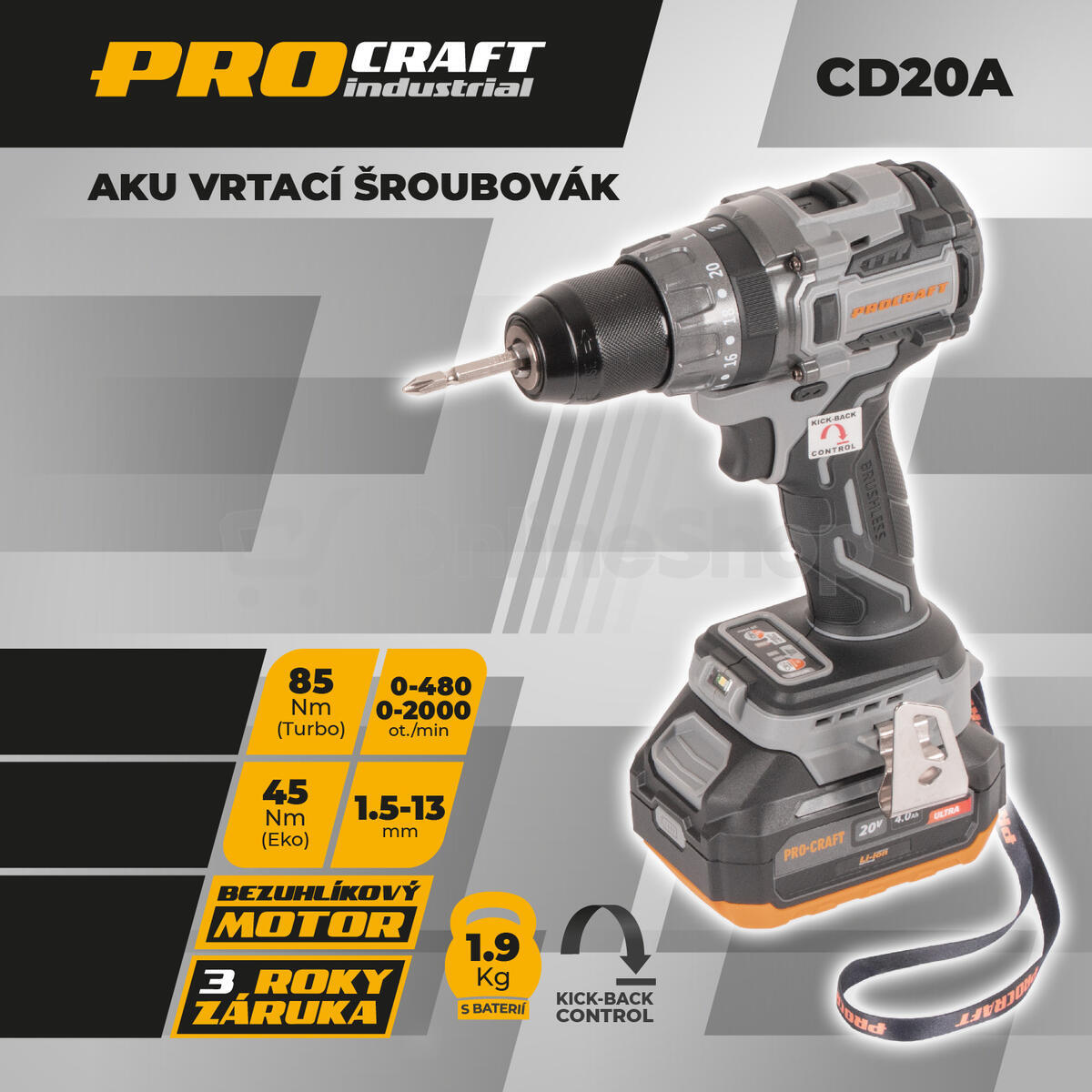 Aku vrtací šroubovák Procraft industrial CD20A / CD20A-1b-c