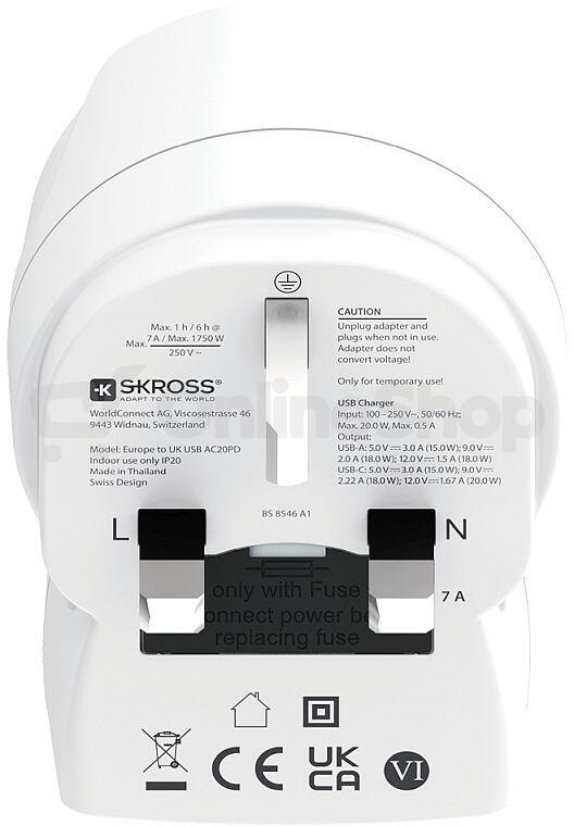 Cestovní adaptér SKROSS s USB A+C 20W do Velké Británie, typ G