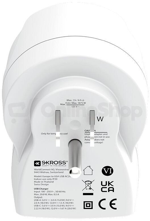 Cestovní adaptér SKROSS s USB A+C 20W do Spojených států, typ B