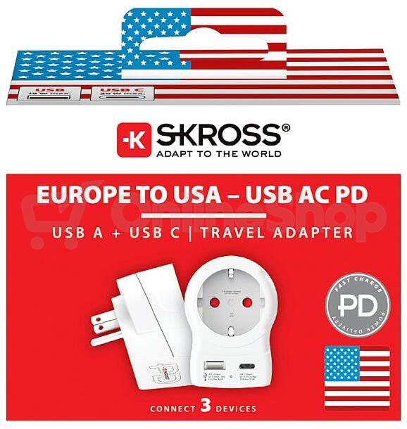 Cestovní adaptér SKROSS s USB A+C 20W do Spojených států, typ B
