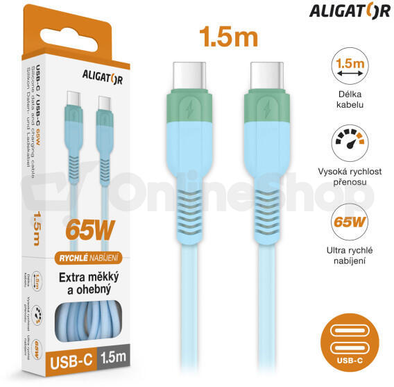 Datový kabel ALIGATOR SoftPastels 3A 65W, USB-C/USB-C, modrý