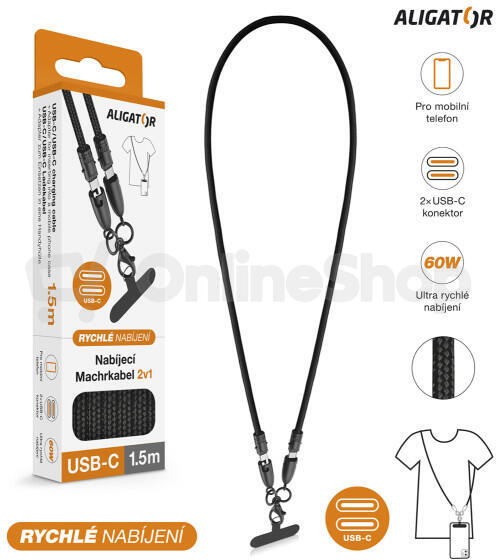 Datový kabel Aligator Machrkabel 3A 60W, USB-C/USB-C, černý