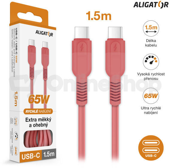 Datový kabel ALIGATOR SoftPastels 3A 65W, USB-C/USB-C, růžový