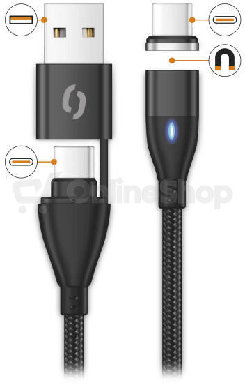 Datový kabel ALIGATOR MAGNETIC 3A 65W, USB-C+USB/USB-C 1,5m