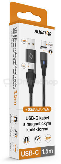 Datový kabel ALIGATOR MAGNETIC 3A 65W, USB-C+USB/USB-C 1,5m