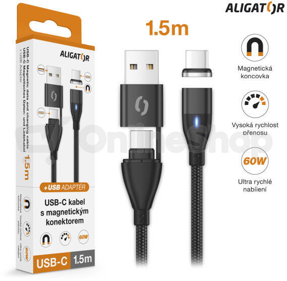 Datový kabel ALIGATOR MAGNETIC 3A 65W, USB-C+USB/USB-C 1,5m