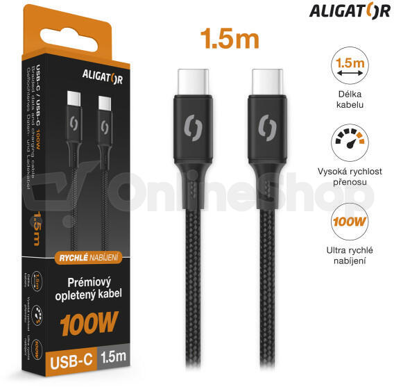 Datový kabel ALIGATOR PREMIUM 5A 100W, USB-C/USB-C, černý