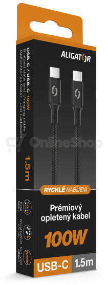 Datový kabel ALIGATOR PREMIUM 5A 100W, USB-C/USB-C, černý