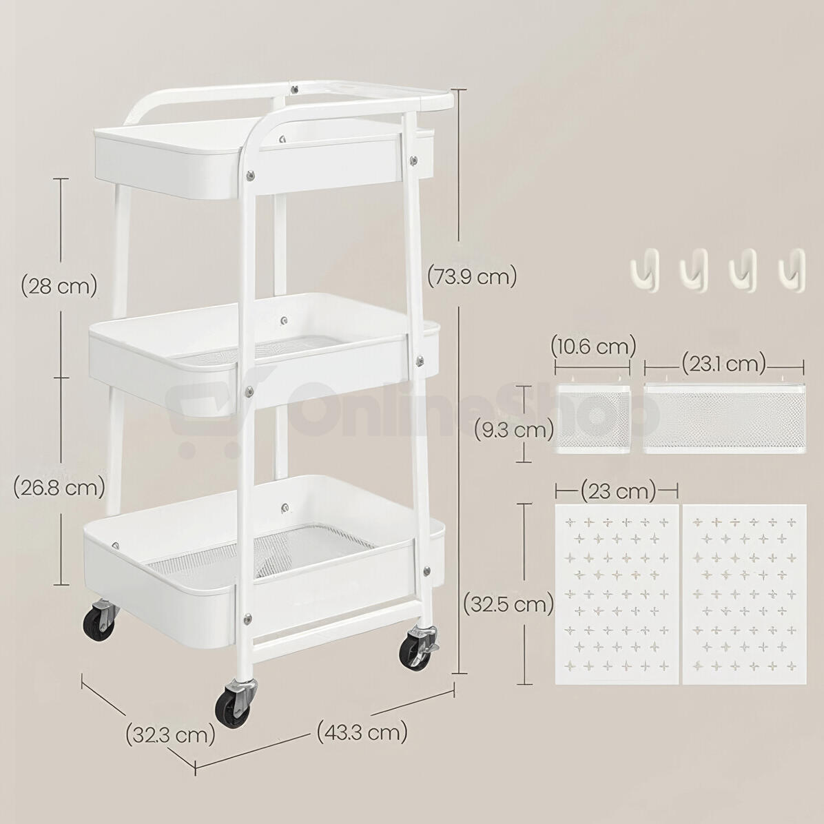 Pojízdný úložný vozík bílá, APV-E1037 WT Autronic, Kov