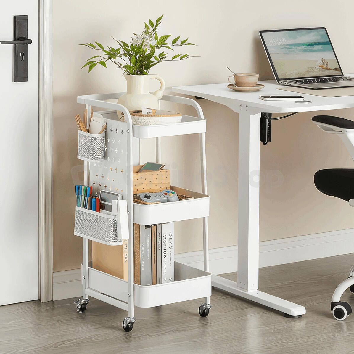 Pojízdný úložný vozík bílá, APV-E1037 WT Autronic, Kov