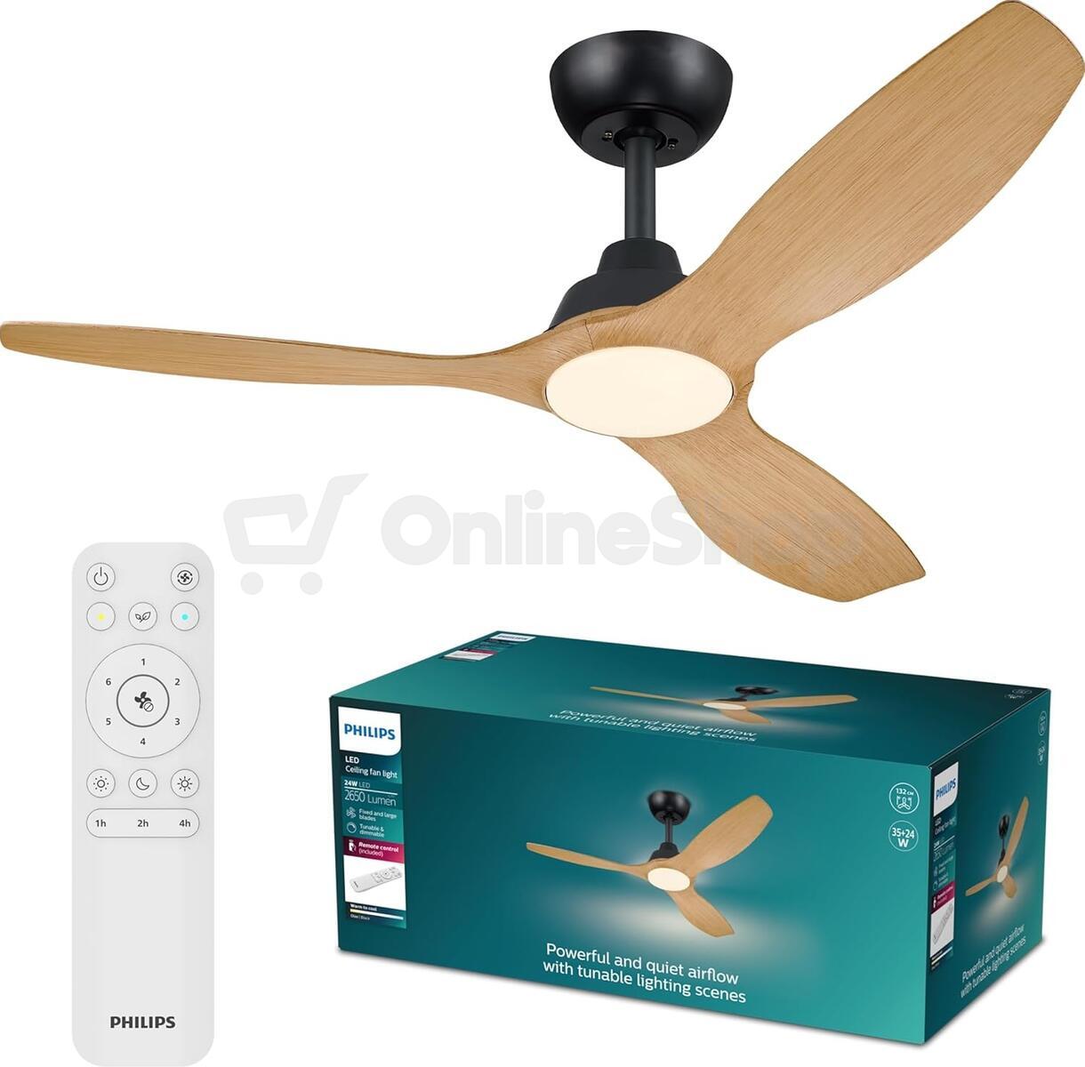 Olas stropní ventilátor a svítidlo 35W+24W černá a dřevo Philips