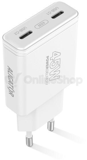 Rychlá nabíječka ALIGATOR slim, PD 45W, 2xUSB-C, bílá