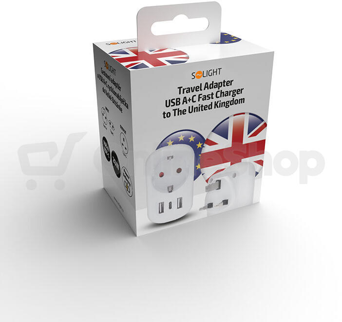 Cestovní adaptér Solight s USB A+C 20W PD do Velké Británie, typ G