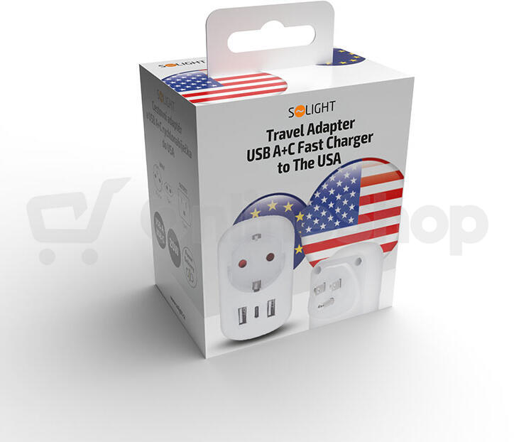 Cestovní adaptér Solight s USB A+C 20W PD do Spojených států, typ B