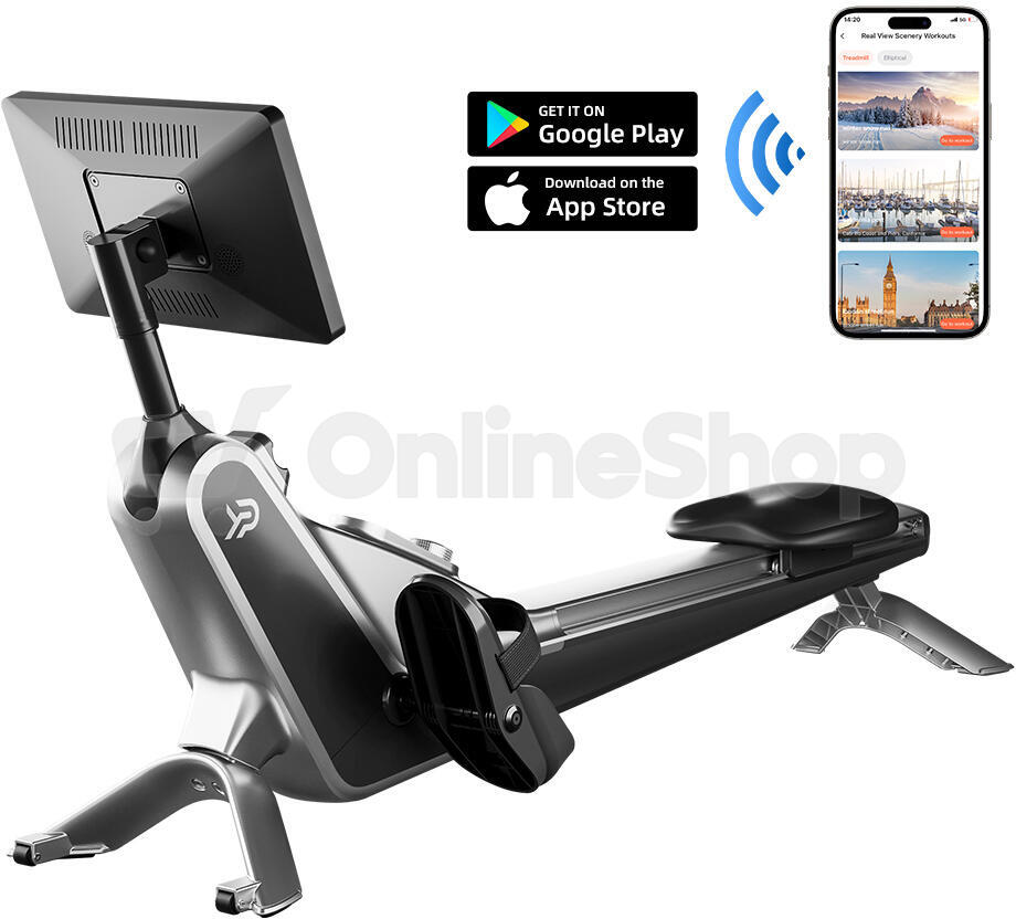 Veslovací trenažer se speciálním "Gravity systém", bluetooth a dotykovou obrazovkou 40 cm