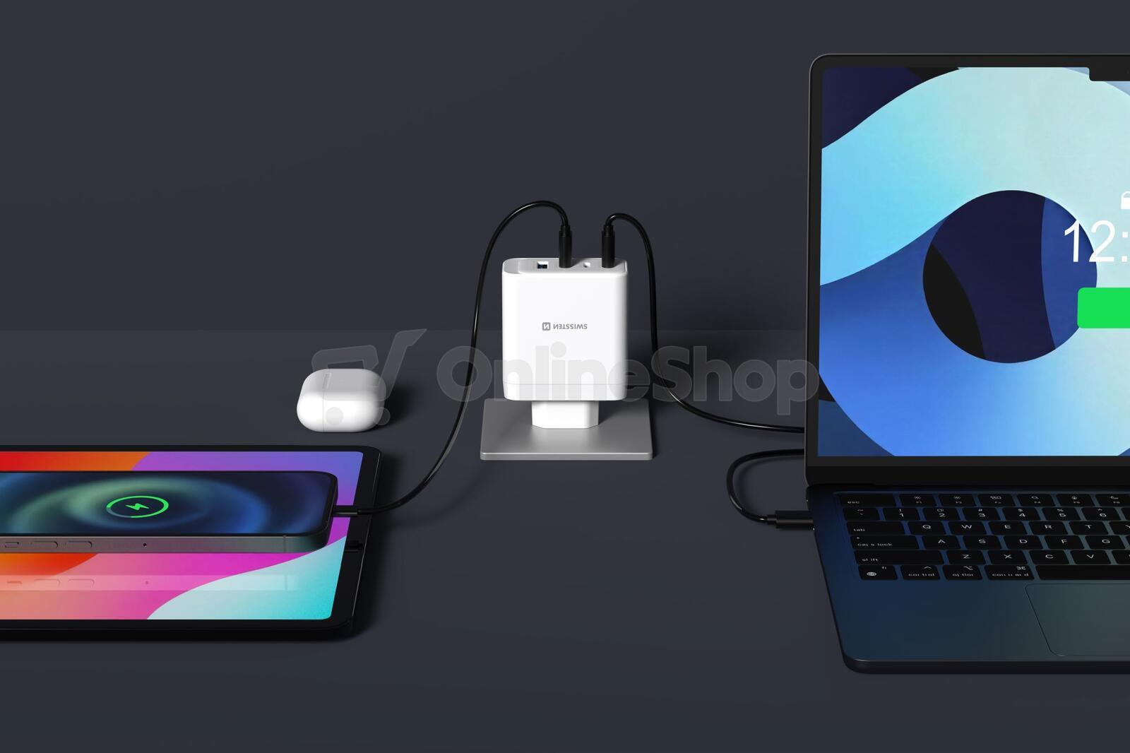 SWISSTEN SÍŤOVÝ ADAPTÉR CORE GaN 2x USB-C PD 100W + 1x USB-C PD 20W + 1x USB-A QC 30W QC BÍLÝ