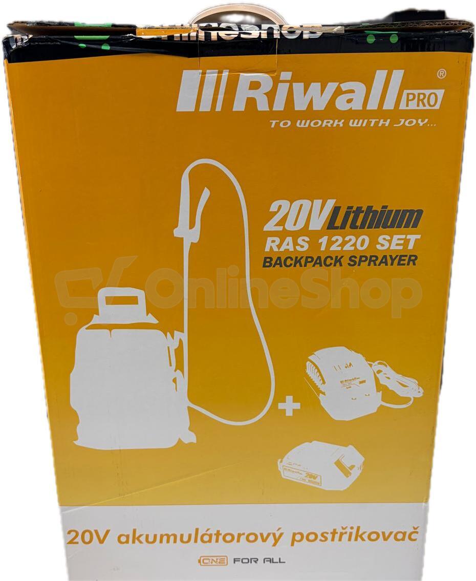 AKU postřikovač Riwall PRO RAS 1220 SET, 20 V + 2Ah baterie + nabíječka | Skutečná fotografie prodávaného kusu