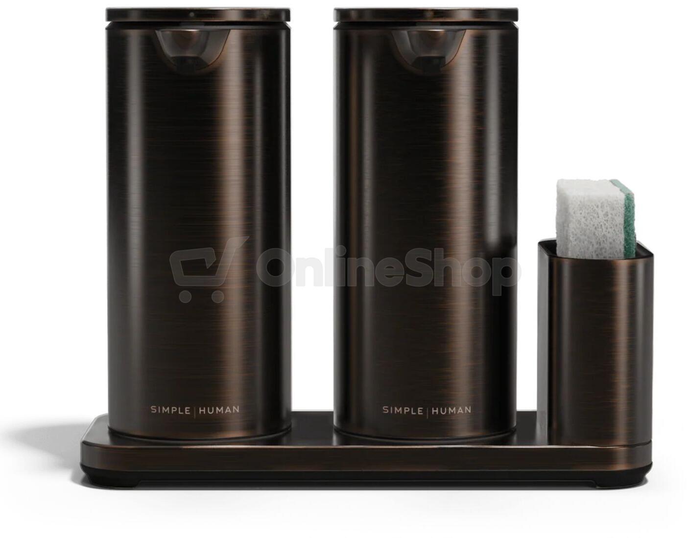 Simplehuman bezdotykový dávkovač, dvojitý, 2x 414 ml + držák na houbičku, černohnědá bronz ST1114