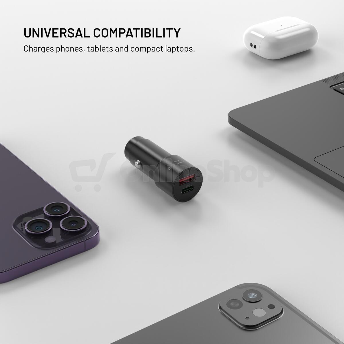 Autonabíječka FIXED s USB-C a USB-A výstupem, podpora PD 3.0, 63W, černá