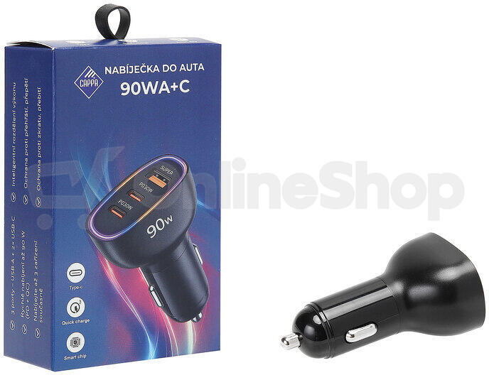 Cappa rychlonabíječka do auta 90 W USB-A + 2× USB-C PD/QC