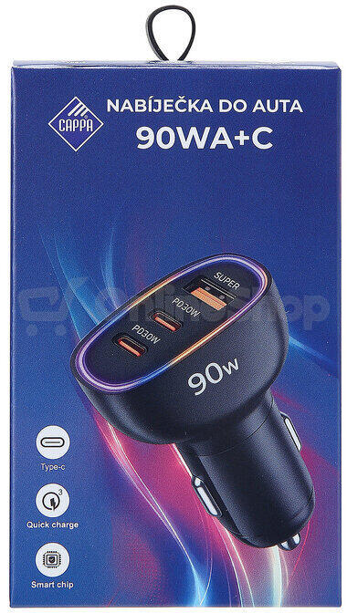 Cappa rychlonabíječka do auta 90 W USB-A + 2× USB-C PD/QC