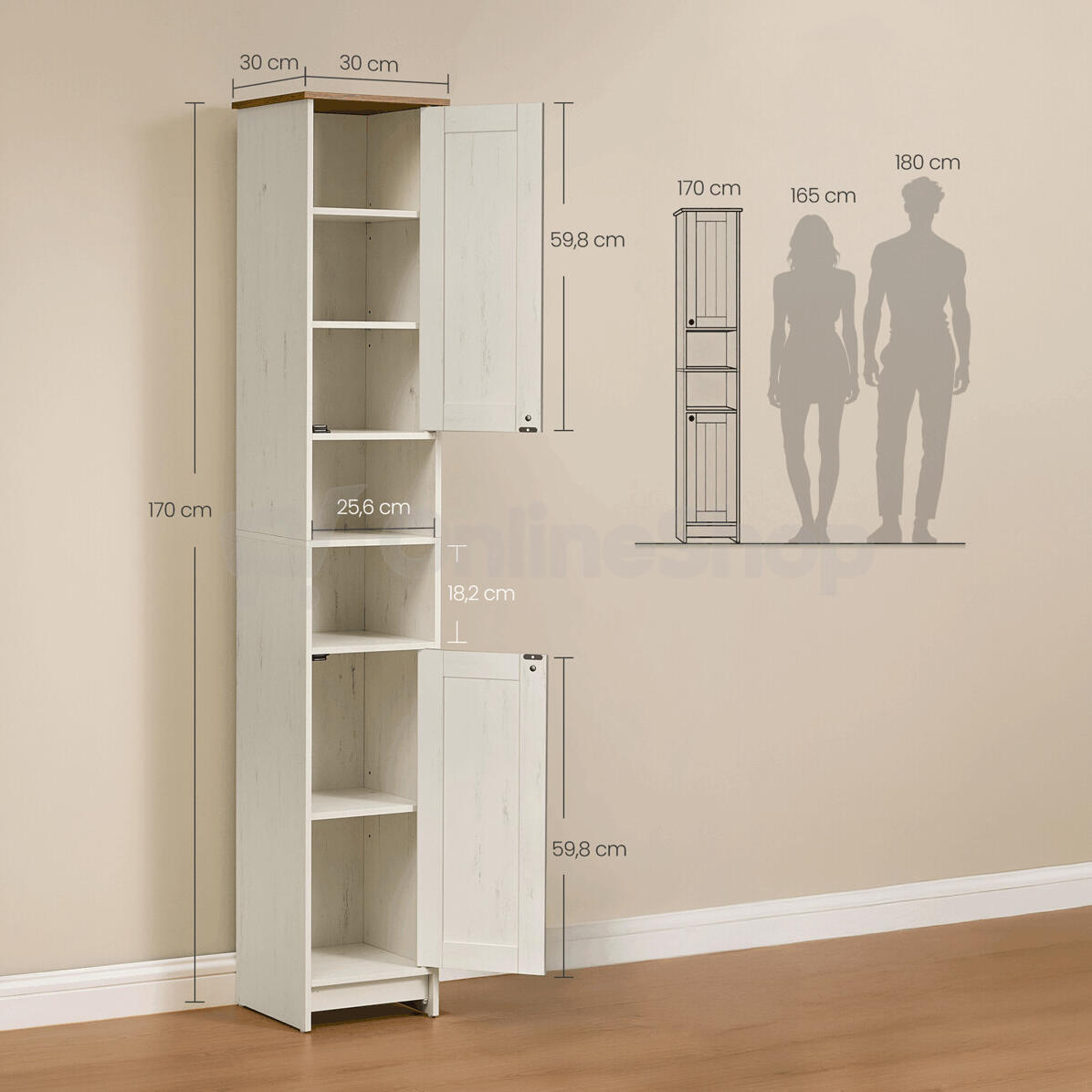 Koupelnová skříňka 30x30x170cm, mdf, bílá, AUK-E1166 WT Autronic