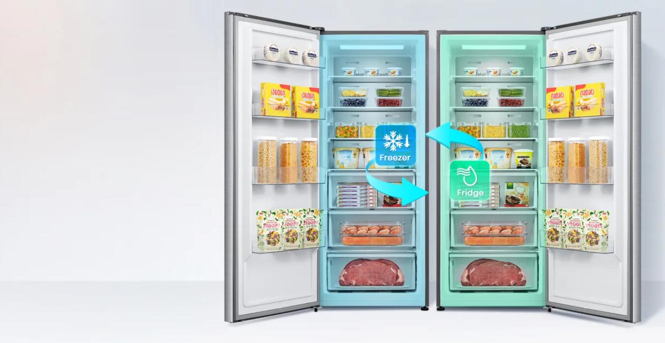 Otevřený mrazák Hisense se zásuvkami, policemi a prostorem Big Box