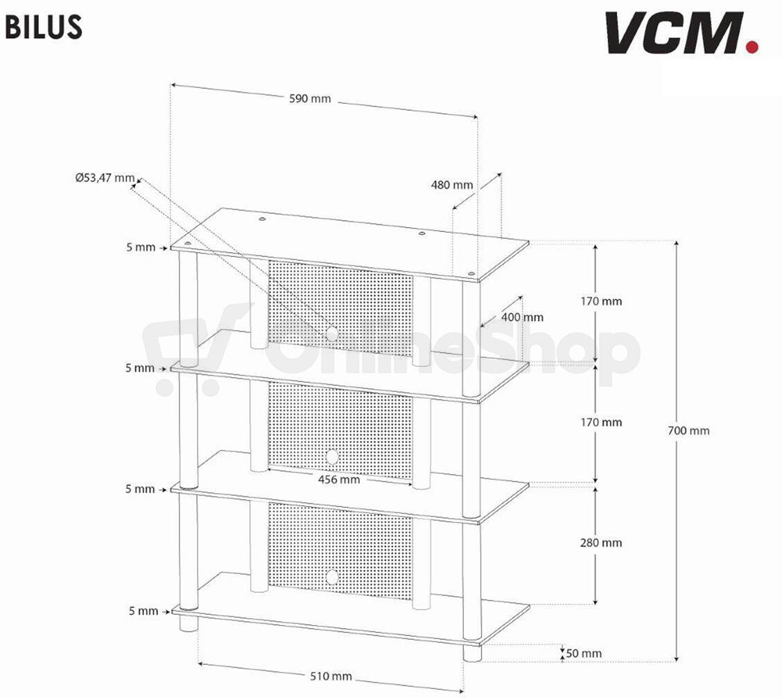 VCM hi-Fi stolek Bilus se 4 skleněnými policemi, stříbrný