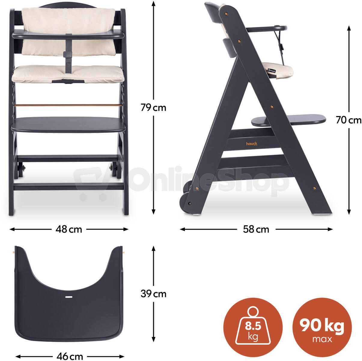Hauck Beta+ B dřevěná židle, Dark Grey