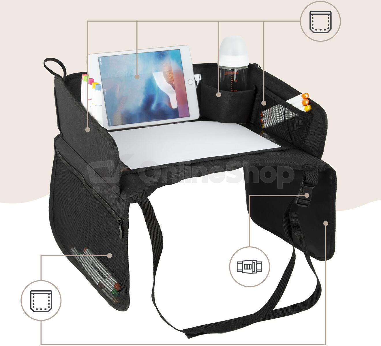 SIPO Skládací stolek do auta s kapsou na tablet, černá