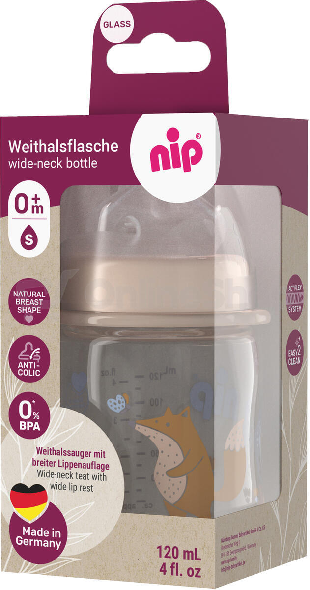 NIP Láhev kojenecká sklo,široká,silkon-S,120ml,0m+,uni