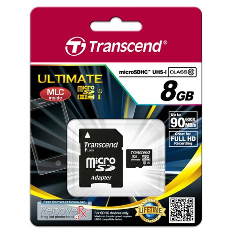 Paměťová karta Transcend MicroSDHC 8GB UHS-I U1 (90MB/s) + adapter - Transcend MicroSDHC 8GB UHS-I U1&nbsp;+ adapter (foto 2)
