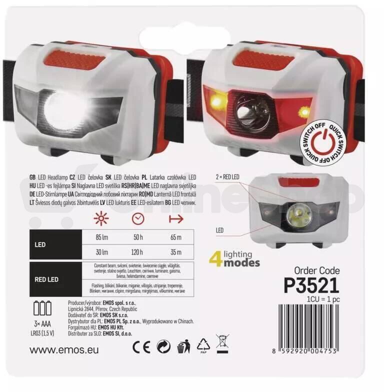Emos LED čelovka P3521, 85 lm, 65 m, 3× AAA