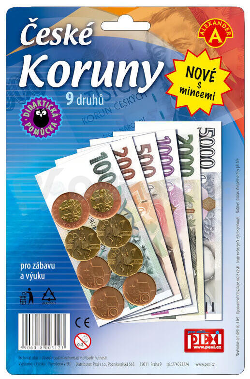 České koruny peníze + mince PEXI do hry