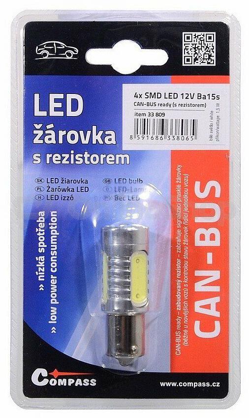 Žárovka 4 SMD LED 12V Ba15S s rezistorem CAN-BUS ready bílá COMPASS