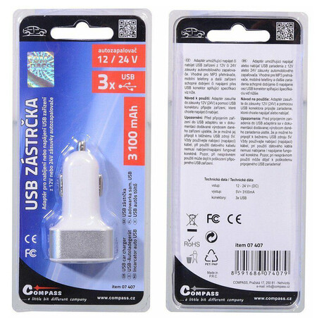 Zástrčka 3xUSB 12-24V 5V/3100mA COMPASS