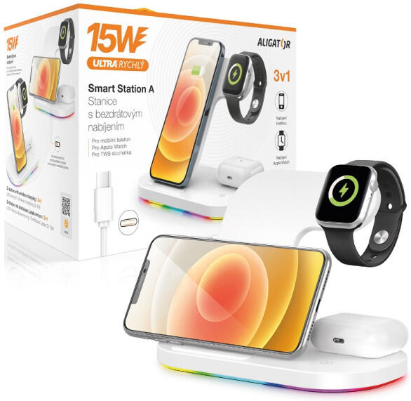 Aligator Bezdrátová Qi dok.stanice 3v1 Apple watch,15W,bílá