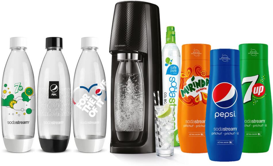 SET SodaStream Spirit Black + Náhradní láhve FUSE 3 x 1l + Sirup Pepsi 440 ml + Sirup Mirinda 440 ml + Sirup 7UP 440 ml