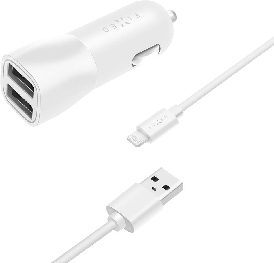 Set autonabíječky FIXED s 2xUSB výstupem a USB/Lightning kabelu, 1 metr, MFI certifikace, 15W Smart Rapid Charge, bílá