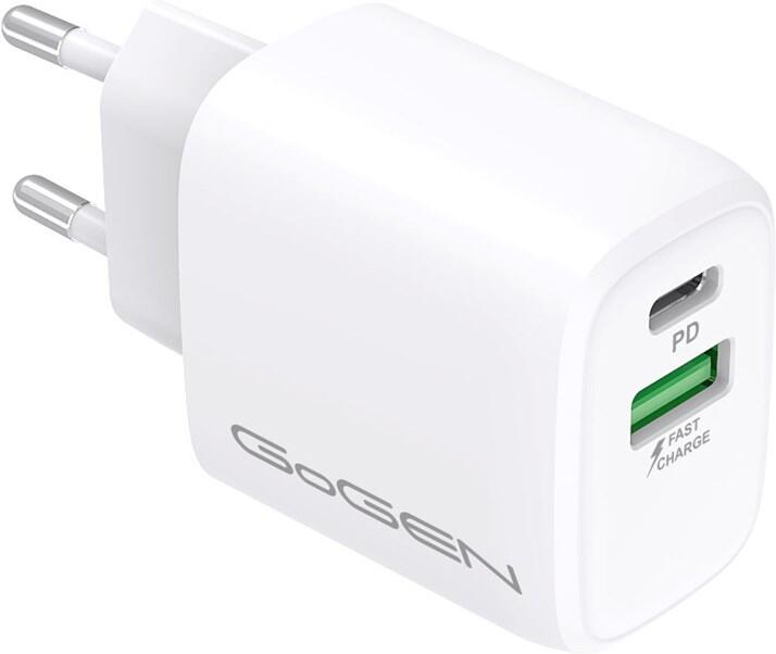 Nabíječka do sítě GoGEN ACHPDQ 220, 1x USB-C PD 20W, 1x USB-A (18W) - bílá