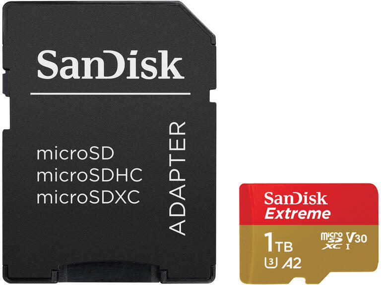 SanDisk Extreme microSDXC 1TB + SD Adapter190MB/s and 130MB/s A2 C10 V30 UHS-I U3